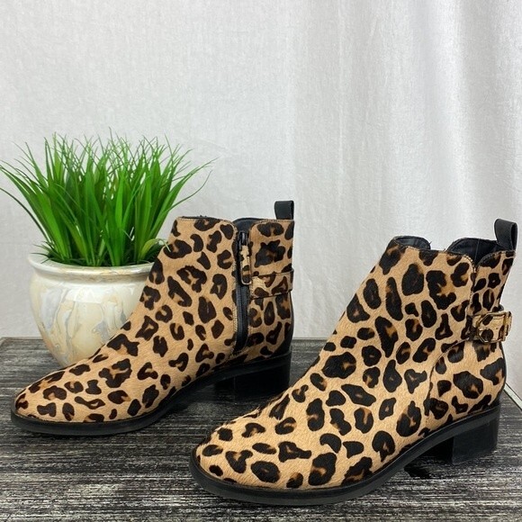 Cole Haan Brown & Black Kimberly Haircalf Leopard Print Ankle Booties Shoes 8.5 - Picture 1 of 11